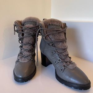 Jimmy Choo Fur Leather Lace Up Lugged Sole Heel Boots 39.5